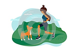 Healthy lifestyle and outdoor activities vector illustration with young woman and dog