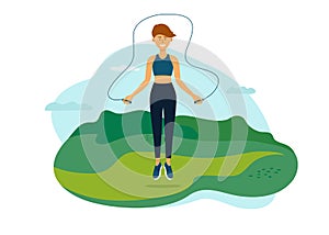 Healthy lifestyle and outdoor activities vector illustration with young woman jumping in park