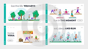 Healthy Lifestyle, Outdoor and Indoor Workout Training Landing Page Template Set. Young People Doing Yoga Exercises