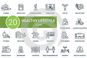 Healthy lifestyle outline icons set. Creative icons: vitamins, weight loss, increase energy, healthy diet, stay fit