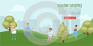 Healthy lifestyle people in city park doing sport exercises, yoga, jogging and walking cartoon vector illustration.