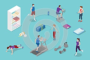 Healthy lifestyle people with some sport activity and tools with modern isometric style