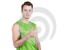 Healthy lifestyle. Portrait of a handsome guy in sportswear, isolated on white background, looking at camera, thumbs up. Horizonta