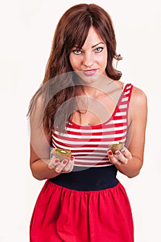 Healthy lifestyle - portrait of young beautiful woman with two h