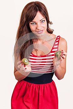 Healthy lifestyle - portrait of young beautiful woman with two h