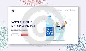 Healthy Lifestyle, Pure Aqua Refreshment Landing Page Template. Characters Sitting with Straws on Glass with Fresh H2O
