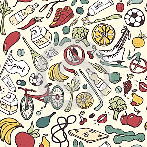Healthy lifestyle seamless pattern. Hand drawn background with fitness, sport, fruit and vegetables symbols. Doodle