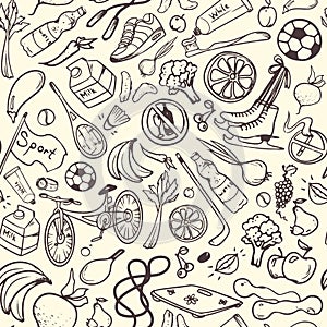 Healthy lifestyle seamless pattern. Hand drawn monochrome background with fitness, sport, fruit and vegetables symbols