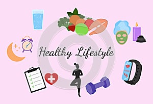 Healthy lifestyle set. Fitness, healthy food and active style of life. Flat design vector illustration