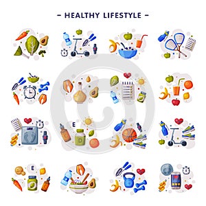 Healthy Lifestyle Set, Fitness and Sports Equipment, Proper Nutrition, Dieting Cartoon Style Vector Illustration