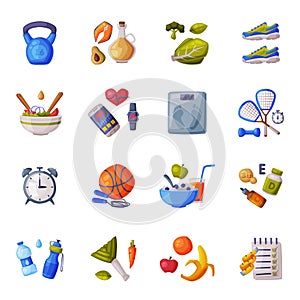 Healthy Lifestyle Set, Fitness and Sports Equipment, Useful Nutritious Food Cartoon Style Vector Illustration