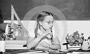 Healthy lifestyle. Snack between lessons. School life concept. Modern childhood. School break. Schoolgirl sit desk