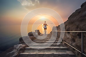 healthy lifestyle sports woman running on stone stairs on a cliff at sunrise, neural network generated image