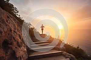 healthy lifestyle sports woman running up on stone stairs on a cliff at sunrise, neural network generated image