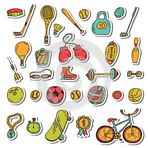 Healthy lifestyle sticker set. Sport icons. Hand drawn doodle fitness set
