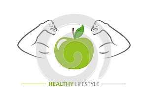 Healthy lifestyle strong apple with muscular arms