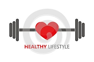 Healthy lifestyle symbol with heart and barbell