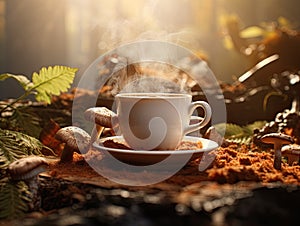 Healthy lifestyle trend adaptogenic drink mushroom cappuccino Chagaccino coffee made of Chaga mushrooms surrounded with