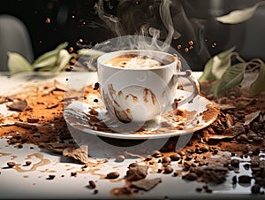 Healthy lifestyle trend adaptogenic drink mushroom cappuccino Chagaccino coffee made of Chaga mushrooms surrounded with