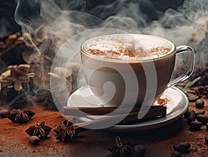 Healthy lifestyle trend adaptogenic drink mushroom cappuccino Chagaccino coffee made of Chaga mushrooms surrounded with