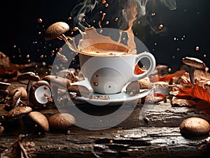 Healthy lifestyle trend adaptogenic drink mushroom cappuccino Chagaccino coffee made of Chaga mushrooms surrounded with