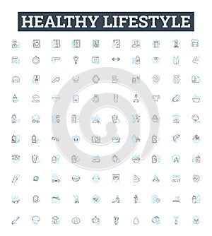 Healthy lifestyle vector line icons set. Exercise, Nutrition, Sleep, Diet, Hydration, Stress, Meditation illustration