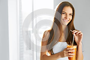 Healthy Lifestyle. Woman Drinking Fresh Detox Juice. Food, Diet, Drinks.