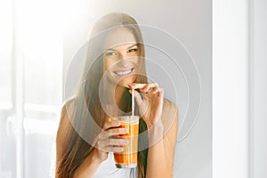 Healthy Lifestyle. Woman Drinking Fresh Detox Juice. Food, Diet, Drinks.