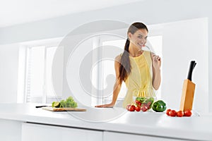 Healthy Lifestyle. Woman Eating Vegetarian Food. Dieting, Diet C