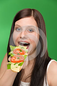 Healthy lifestyle - woman enjoy cheese sandwich