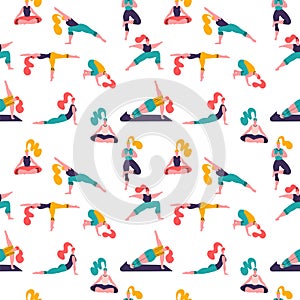 Healthy lifestyle. World Health Day. Vector seamless pattern with yoga class with people meditating, doing breathing exercise.