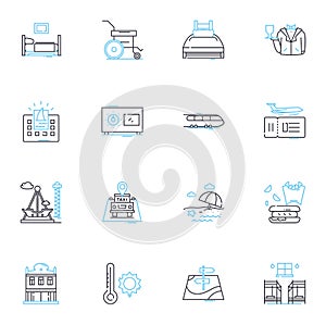 Healthy living linear icons set. Balance, Wellness, Nourish, Movement, Rest, Mindset, Hydration line vector and concept