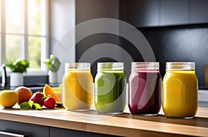 Healthy living made easy with a series of homemade smoothies standing tall on a bright kitchen table, ready to be