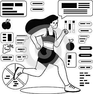 Healthy loving fitness girl running in the gym illustration in doodle style