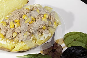 Healthy low calorie meal of tune sweetcorn baked potatoe with sa