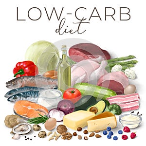 Healthy Low-carbohydrate products. Nutrition concept for Ketogenic diet. Assortment of healthy food ingredients for cooking. Hand