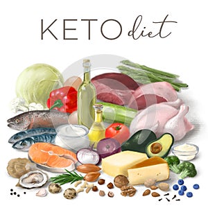 Healthy low carbs KETO products. Nutrition concept for Ketogenic diet. Assortment of healthy food ingredients for cooking. Hand