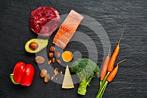 Healthy low carbs products. Ketogenic diet. Beef, salmon,