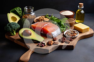 Ketogenic low carbs diet healthy food on the wooden tray, keto foods salmon, olive oil, broccoli, nuts.Top view, Generative AI photo