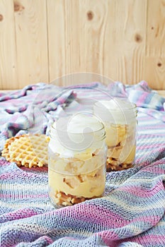 Healthy lunch. Banana pudding in a jar