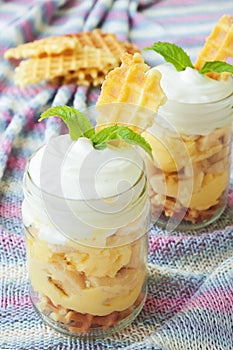 Healthy lunch. Banana pudding in a jar