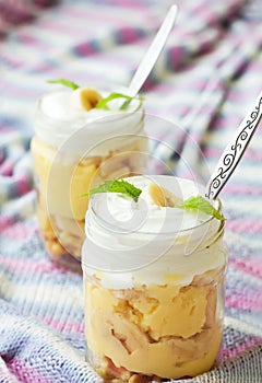 Healthy lunch. Banana pudding in a jar