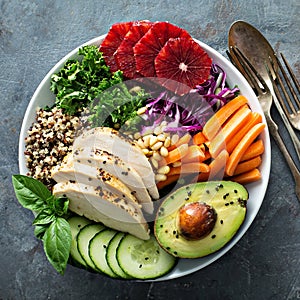 Healthy lunch bowl with chicken and quinoa