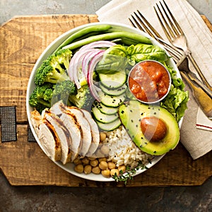 Healthy lunch bowl with grilled chicken