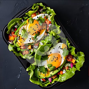 Healthy lunch box with fried eggs, avocado and vegetables on black background