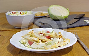 Healthy lunch consists of celery chips, cabbage, corns and tomatoes