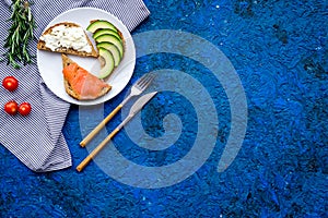 Healthy lunch with mini sandwiches cheese, fish and avocado on blue background top view space for text