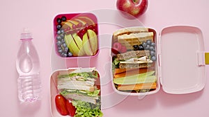 Healthy lunch to go. Sandwitches, Fruits and vegetables packed in lunch box