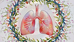 Healthy lungs practicing breathwork with floral desig. Concept Wellness, Nature, Breathing