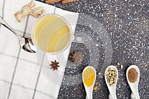 Healthy masala tea, traditional indian hot drink with spices cinnamon, star anise, turmeric flat lay with copy space